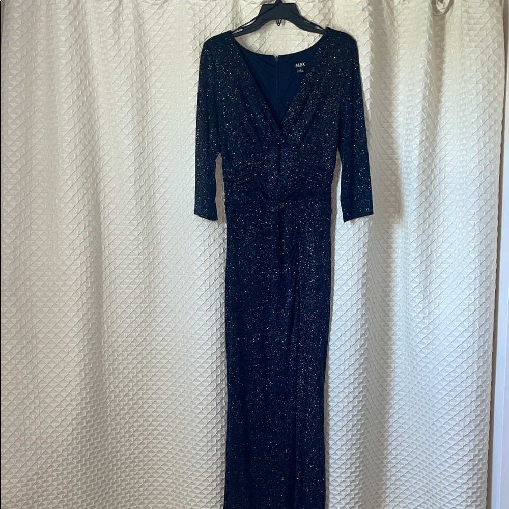SLNY Sparkling Midnight Blue Long Sleeve Dress
